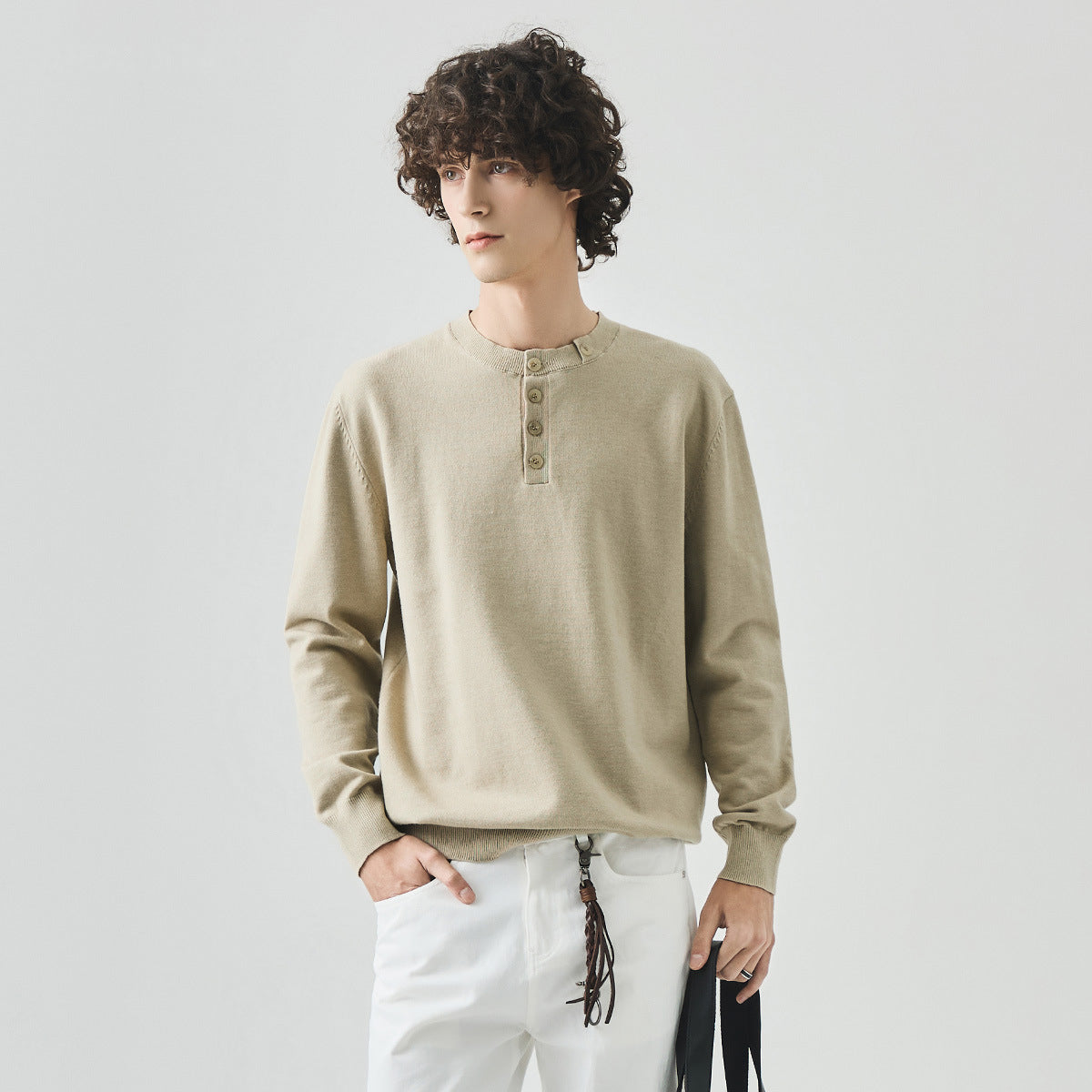 Men's Straight-Fit Henley Collar Knit Pullover Sweater